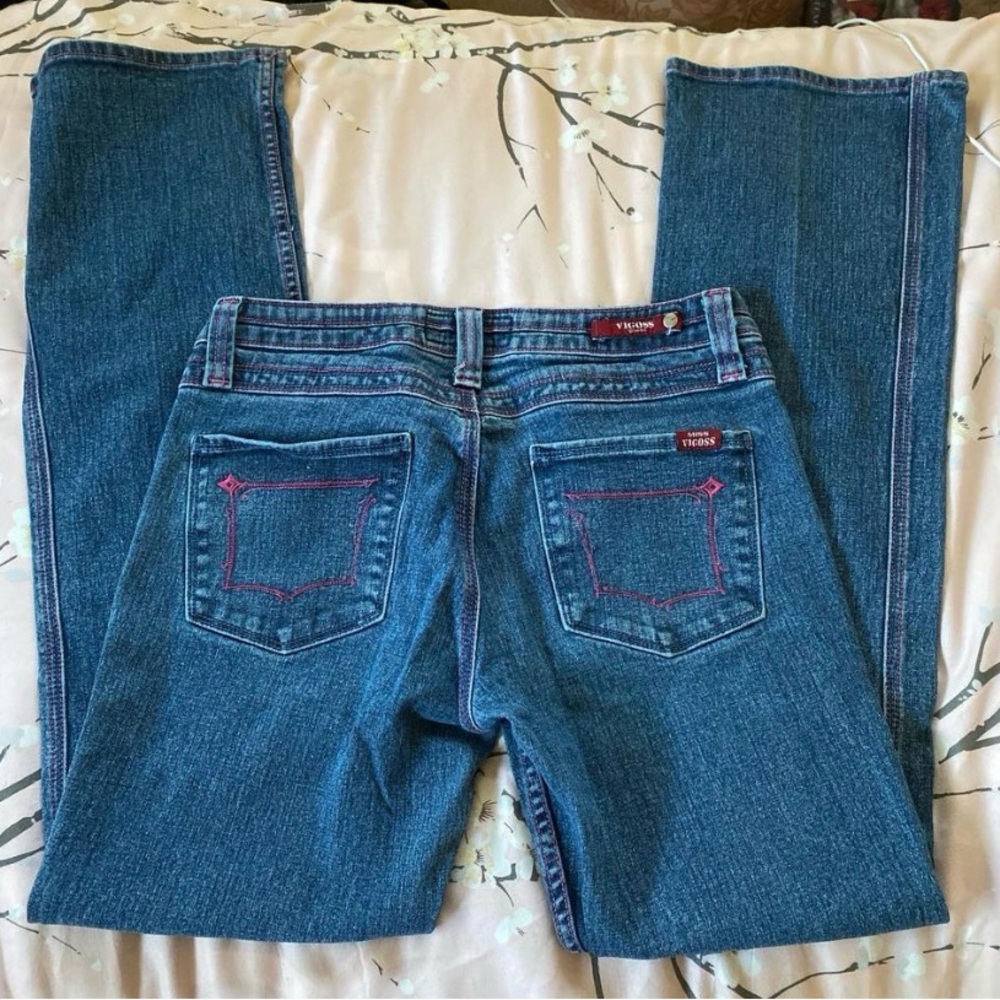 Source Unknown Women's Straight Leg Jeans in Blue with Pink Accents